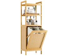 HITNET Armario de Baño con Cesto Ropa Sucia, Mueble Ropa Sucia de Bambú, 32L Bolsa Interior Extraíble con Asas y 3 estantes Abiertos, para Lavadero,Sala de Estar y Dormitorio, Natural