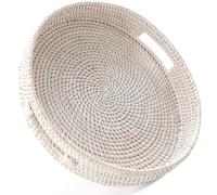 HITOMEN Bandeja Redonda de ratán Tejida a Mano Decorativa de Mimbre otomana con Asas para Mesa de café, Desayuno, Bebidas, Aperitivos, Pan, Frutas, Verduras (Lavado Blanco L-14.2 Pulgadas)