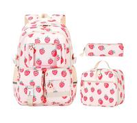 HiTotes Coquette - Mochila escolar para niñas, juego de 3 piezas, mochila de fresa, mochila kawaii para secundaria, primaria, escuela secundaria, A01-nailon fresa, 44 cm, Mochila para niñas