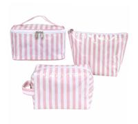HiTotes Neceser de maquillaje a rayas, 3 piezas, de PVC, neceser de viaje, Rayas blancas y rosas, 7.87in, Bolsa de maquillaje