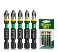 HitScrews PH2 Puntas de Destornillador Imantadas 50mm Antideslizante 5Pcs | Grabado Láser 360°, Acero S2 Taiwán con Torsión CNC, Templadas para Bricolaje y Madera, Vástago Hexagonal 1/4" Atornillador