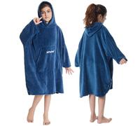 Hiturbo Bata cambiadora de toallas para niños: manta de felpa suave, sudadera con capucha de forro polar coral cálido, poncho de natación para surf para 5-12 años (azul marino)
