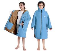Hiturbo Parka de natación cálida para niños: bata cambiadora impermeable, abrigo de natación de gran tamaño, poncho de surf con capucha, forro grueso (7-14 años), Azul, 7- 14 años