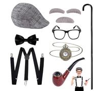 HIULLEN Disfraz de hombre viejo para niños, juego de 9 unidades para niños, disfraz de abuelo con sombrero, pajarita, tirantes, gafas, cejas, barba, bastón y reloj de bolsillo para carnaval, fiesta