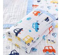 Hivia Manta Bebé Algodón 110 x 110 CM,Mantas de Muselina para Bebe 6 Capas Arrullo para Bebes Unisex Swaddle Blanket Suave y Confortable Muselinas Toalla de Baño (Carro Azul)