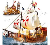 HiWEEGO Santa Maria - Kit de construcción de barco pirata con LED, 2 en 1, casa con embarcadero de 1253 piezas, juego de construcción de barco mercante de aventura, regalo para adultos, adolescentes