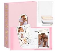 Hiwhy Álbum de Fotos 14 x 22 cm con 3 Anillas, Caja Libro Decorativa, Scrapbook DIY de Lino con 30 Hojas 60 Páginas Blancas, Libro de Recuerdos para Boda, Cumpleaños, Aniversario, Regalo, Rosa