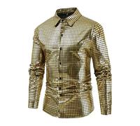 Hixingo Chemise Homme Disco Manches Longues Sans Repassage, M-XXL Col à Revers Chemise Décontractée Homme Grande Taille Boutonnée Avec Motif Coupe Normale (Oro,M)