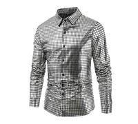 Hixingo Chemise Homme Disco Manches Longues Sans Repassage, M-XXL Col à Revers Chemise Décontractée Homme Grande Taille Boutonnée Avec Motif Coupe Normale (Plata,L)