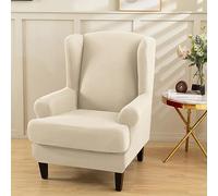 Hixingo Funda de Sillón de Orejas 2 Piezas, Color Sólido Fundas para Sillones Orejeros con Funda de Cojín, Elástica Funda de Sofá Relax para Salón, Hotel (Beige,One Size)