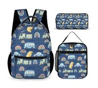 Hixingo Mochila Escolar Autobús para Niños (Azul,One Size) | Mochila escolar 3 en 1 set para niños y niñas, Estampado Lindo para Escuela Excursiones y Regalo