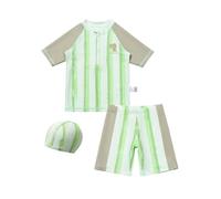 Hixingo Traje de Baño Niño Niña Playa 2-7 Años, Traje de Baño 2 Piezas Niño Niña de Manga Corta y Bañador con Gorra de Sol para Natación, Surf, Vacaciones en la Playa (Rayas verdes,100cm)