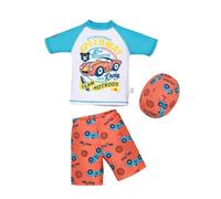 Hixingo Traje de Baño Niño Niña Playa 2-7 Años, Traje de Baño 2 Piezas Niño Niña de Manga Corta y Bañador con Gorra de Sol para Natación, Surf, Vacaciones en la Playa (Coche rojo,130cm)