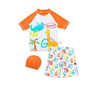 Hixingo Traje de Baño Niño Niña Playa 2-7 Años, Traje de Baño 2 Piezas Niño Niña de Manga Corta y Bañador con Gorra de Sol para Natación, Surf, Vacaciones en la Playa (Jirafa,110cm)