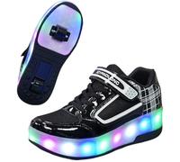 Hixingo Zapatillas con Ruedas, Transpirable Zapatillas Patines con Gancho y Bucle, Resistente al Desgaste Calzado de Skateboarding para Principiantes, Niños (Negro Blanco,37)