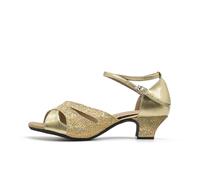 Hixingo Zapatos de Baile Latino Mujer 3,5cm Tango Zapatos de Salsa y Bachata con Tacón Cómodos Elegante Sandalias para latín,Tango, Rumba, Cha Cha (Oro,34)