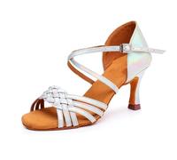 Hixingo Zapatos de Baile Latino Mujer 7.5cm Tango Zapatos de Salsa y Bachata con Tacón Cómodos Elegante Sandalias para latín, Salsa, Tango, Rumba, Cha Cha -Style 6732 (Plateado,34)