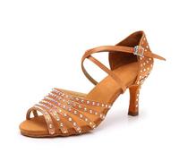 Hixingo Zapatos de Baile Latino Mujer Brillo 7.5CM, Zapatos Salsa Mujer Tacón Cubano Práctica Profesional para Salsa Tango y Bachata, Fiesta Carnaval (2873 Marrón,35)