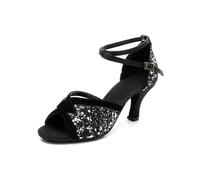 Hixingo Zapatos de Baile Latino Mujer Brillo 7CM, Zapatos Salsa Mujer Tacón Cubano Práctica Profesional para Salsa Tango y Bachata, Fiesta Carnaval (1818 Plateado Negro,36)