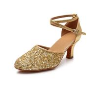 Hixingo Zapatos de Baile Latino Mujer Tacon 7 cm, Zapatos de Baile Latino Mujer Tacón Bajo Plataforma Cubano Práctica Profesional para Salsa y Bachata, Tango, Fiesta Carnaval (1802 Oro,36)
