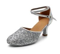 Hixingo Zapatos de Baile Latino Mujer Tacon 7 cm, Zapatos de Baile Latino Mujer Tacón Bajo Plataforma Cubano Práctica Profesional para Salsa y Bachata, Tango, Fiesta Carnaval (1802 Plata Gris,37)