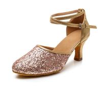 Hixingo Zapatos de Baile Latino Mujer Tacon 7 cm, Zapatos de Baile Latino Mujer Tacón Bajo Plataforma Cubano Práctica Profesional para Salsa y Bachata, Tango, Fiesta Carnaval (1802 Oro Rosa,36)
