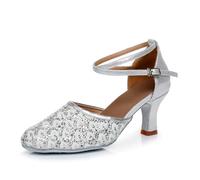 Hixingo Zapatos de Baile Latino Mujer Tacon 7 cm, Zapatos de Baile Latino Mujer Tacón Bajo Plataforma Cubano Práctica Profesional para Salsa y Bachata, Tango, Fiesta Carnaval (1802 Plata,37)