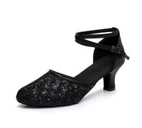 Hixingo Zapatos de Baile Latino Mujer Tacon 7 cm, Zapatos de Baile Latino Mujer Tacón Bajo Plataforma Cubano Práctica Profesional para Salsa y Bachata, Tango, Fiesta Carnaval (1802 Negro,35)