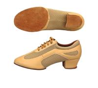 Hixingo Zapatos de Baile Latino Mujer Tacon Bajo 3.5 cm, Zapatos de Baile Mujer Horma Ancha Cordones Práctica Profesional para Cha-Cha, Rumba, Samba, Tango, Salsa y Bachata (Beige 4,35)