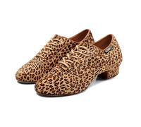 Hixingo Zapatos de Baile Latino Mujer Tacon Bajo 3.5 cm, Zapatos de Baile Mujer Horma Ancha Cordones Práctica Profesional para Cha-Cha, Rumba, Samba, Tango, Salsa y Bachata (NP30 Leopard,35)