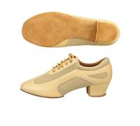 Hixingo Zapatos de Baile Latino Mujer Tacon Bajo 3.5 cm, Zapatos de Baile Mujer Horma Ancha Cordones Práctica Profesional para Cha-Cha, Rumba, Samba, Tango, Salsa y Bachata (KY30 Beige,38)