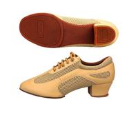 Hixingo Zapatos de Baile Latino Mujer Tacon Bajo 5.5 cm, Zapatos de Baile Mujer Horma Ancha Cordones Práctica Profesional para Cha-Cha, Rumba, Samba, Tango, Salsa y Bachata (Beige 4,36)