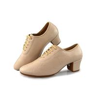 Hixingo Zapatos de Baile Latino Mujer Tacon Bajo 5 cm, Zapatos de Baile Mujer Horma Ancha Cordones Práctica Profesional para Cha-Cha, Rumba, Samba, Tango, Salsa y Bachata (LDM1 Caqui,39)