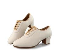 Hixingo Zapatos de Baile Latino Mujer Tacon Bajo 5 cm, Zapatos de Baile Mujer Horma Ancha Cordones Práctica Profesional para Cha-Cha, Rumba, Samba, Tango, Salsa y Bachata (LDM1 Beige,37)