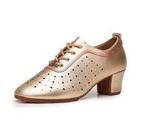 Hixingo Zapatos de Baile Latino Mujer Tacon Bajo 5 cm, Zapatos de Baile Mujer Horma Ancha Cordones Práctica Profesional para Cha-Cha, Rumba, Samba, Tango, Salsa y Bachata (DZW Dorado,39)