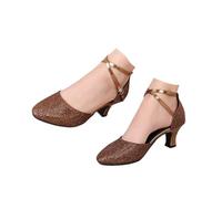 Hixingo Zapatos de Baile Latino Mujer Tango Zapatos de Salsa y Bachata con Tacón 5,5cm Cómodos Elegante Sandalias para latín, Salsa, Tango, Rumba, Cha Cha (D117 Marrón,35)