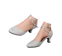 Hixingo Zapatos de Baile Latino Mujer Tango Zapatos de Salsa y Bachata con Tacón 5,5cm Cómodos Elegante Sandalias para latín, Salsa, Tango, Rumba, Cha Cha (D117 Plata,35)
