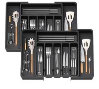HIYAA Bandeja de utensilios extensible para cajón, organizador de cajones para cocina, soporte de almacenamiento de plástico para cubiertos, cucharas, tenedores, etc,negro, 2 unidades