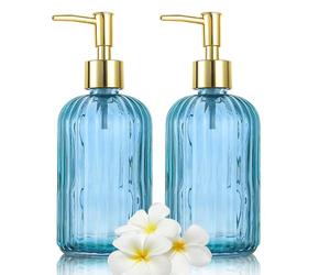 HIYAA Jabón de Vidrio, versátil Botella de Bomba sin Goteo de 14 onzas, dispensador de Tarro de Mano líquido Recargable para baño, encimera, Cocina, Cuarto de Lavado (Azul, Paquete de 2)