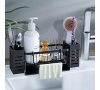 HIYAA - Organizador de cocina para fregadero con bandeja de flujo automática, soporte de esponja fregadero, cocina con toalleros, color negro