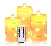 HIYAA Vela LED sin llama, velas LED con cadena de luces integradas, paquete de 3 velas que funcionan con pilas con control remoto, función de temporizador de 24 horas, llama bailarina, cera real