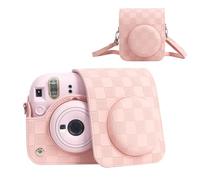 HIYQIN - Funda para Cámara Compatible con Cámara Instantánea Fujifilm Instax Mini 12, Estilo Tablero de Ajedrez, Bolsa de Transporte para Polaroid Instax Mini 12 con Correa - Lindo Rosa