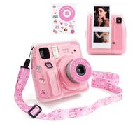 HIYQIN Funda para cámara Mini SE, funda rígida transparente para cámara instantánea Fujifilm Instax Mini SE, funda de plástico con bonita calcomanía y correa para el hombro, gato rosa Hey Cat