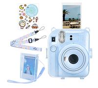 HIYQIN Funda Rígido Transparente para Fuji Instax Mini 12 - Funda con Purpurina Instant 12 con Accesorios - Caja de Fotos Portátil, Pegatina y Correa para el Hombro - Azul Brillante