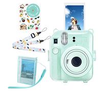 HIYQIN Funda Rígido Transparente para Fuji Instax Mini 12 - Funda con Purpurina Instant 12 con Accesorios - Caja de Fotos Portátil, Pegatina y Correa para el Hombro - Verde Brillante