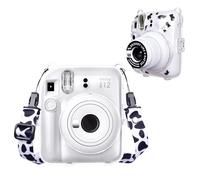 HIYQIN Funda Transparente para Cámara Instantánea Fujifilm Instax Mini 12, Polaroid Instax Mini 12 Funda con Correa y Pegatina Divertida - Patrón de Vaca