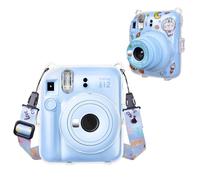 HIYQIN Funda Transparente para Cámara Instantánea Fujifilm/Polaroid Instax Mini 12 con Correa Ajustable y Pegatina Divertida - Transparente + Azul