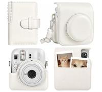 HIYQIN Funda y Álbum para Fuji Mini 13 12, Funda Protectora de Cuero PU para Cámara Fujifilm Instax Mini 13/12 con Bolsillo para Fotos, Álbum de Fotos con Llavero y Correa de Hombro Ajustable - Blanco