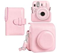 HIYQIN Funda y Álbum para Fuji Mini 13 12, Funda Protectora de Cuero PU para Cámara Fujifilm Instax Mini 13/12 con Bolsillo para Fotos, Álbum de Fotos con Llavero y Correa de Hombro Ajustable - Rosa