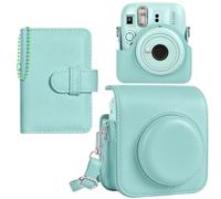 HIYQIN Funda y Álbum para Fuji Mini 13 12, Funda Protectora de Cuero PU para Cámara Fujifilm Instax Mini 13/12 con Bolsillo para Fotos, Álbum de Fotos con Llavero y Correa de Hombro Ajustable - Verde